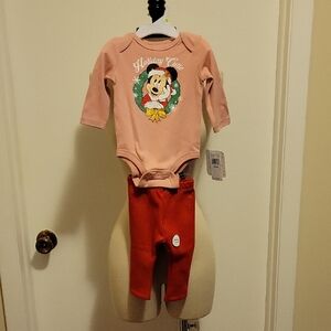 NWT: Minnie Mouse Holiday Cutie Onesie & okie dokie Fleece Lined Pants 3 Months
